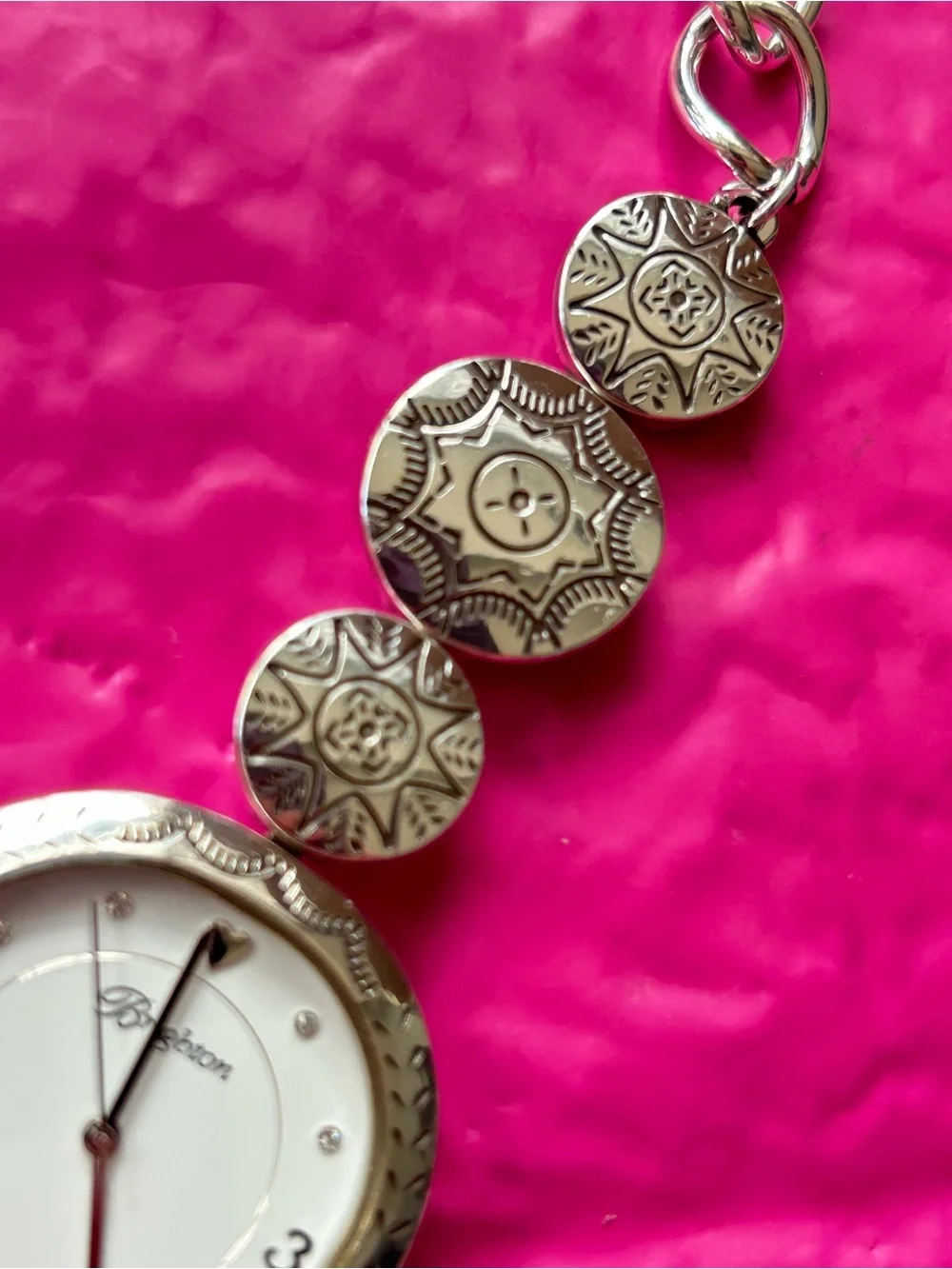 Brighton Marrakesh Silver Link Toggle Watch with intricate Southwest engravings